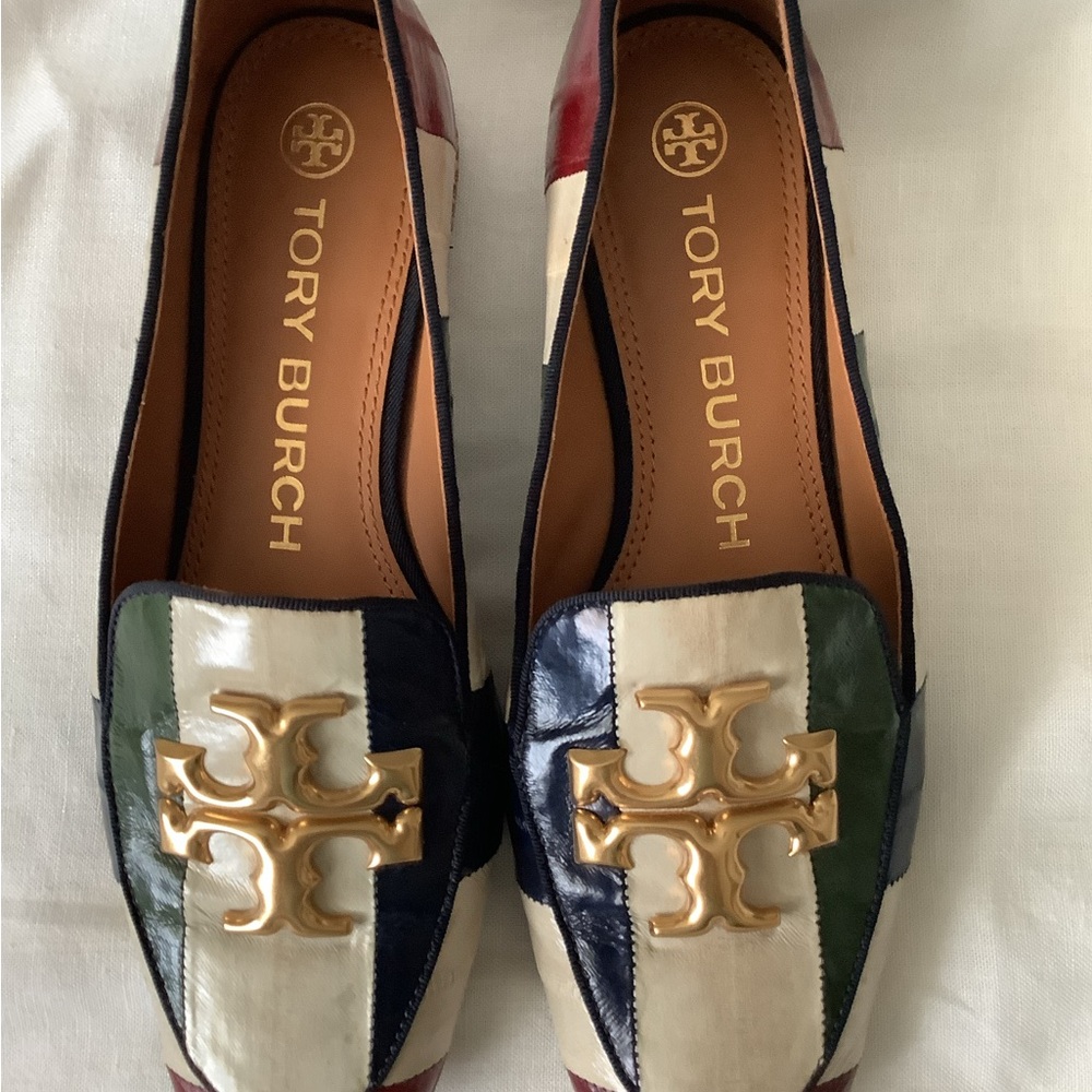 Tory Burch Red, Green, and Blue Striped Loafers